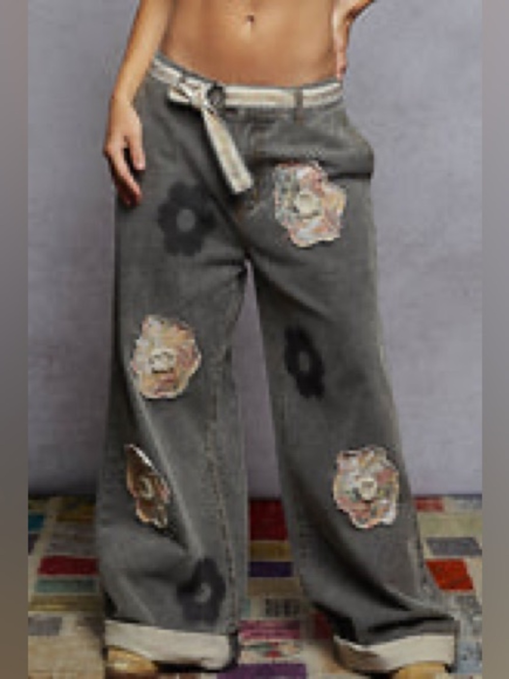 POL Floral Patchwork Rolled-Up Denim Straight Pants